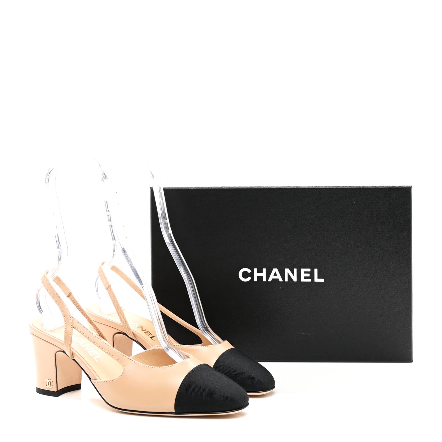 Calfskin Grosgrain Cap Toe CC Slingback Pumps 38 Beige Black