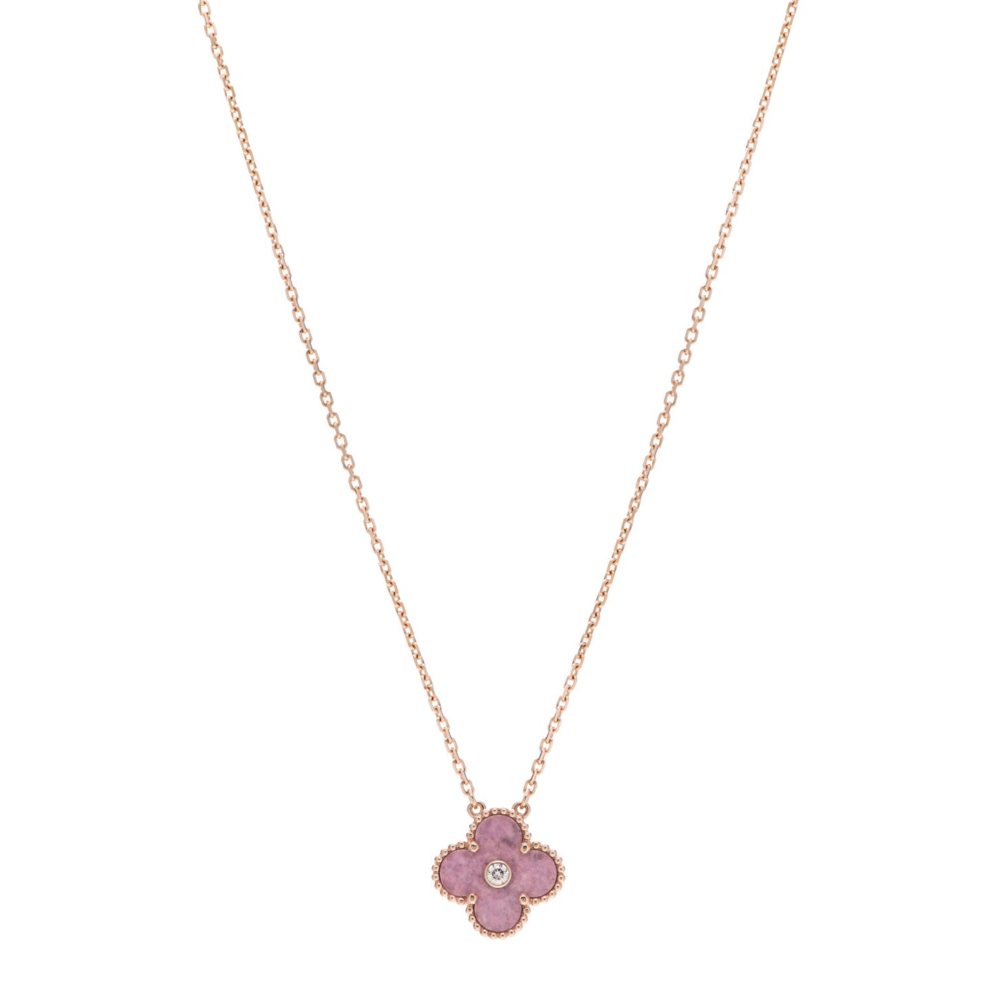 18K Rose Gold Diamond Rhodonite Vintage Alhambra Pendant Necklace