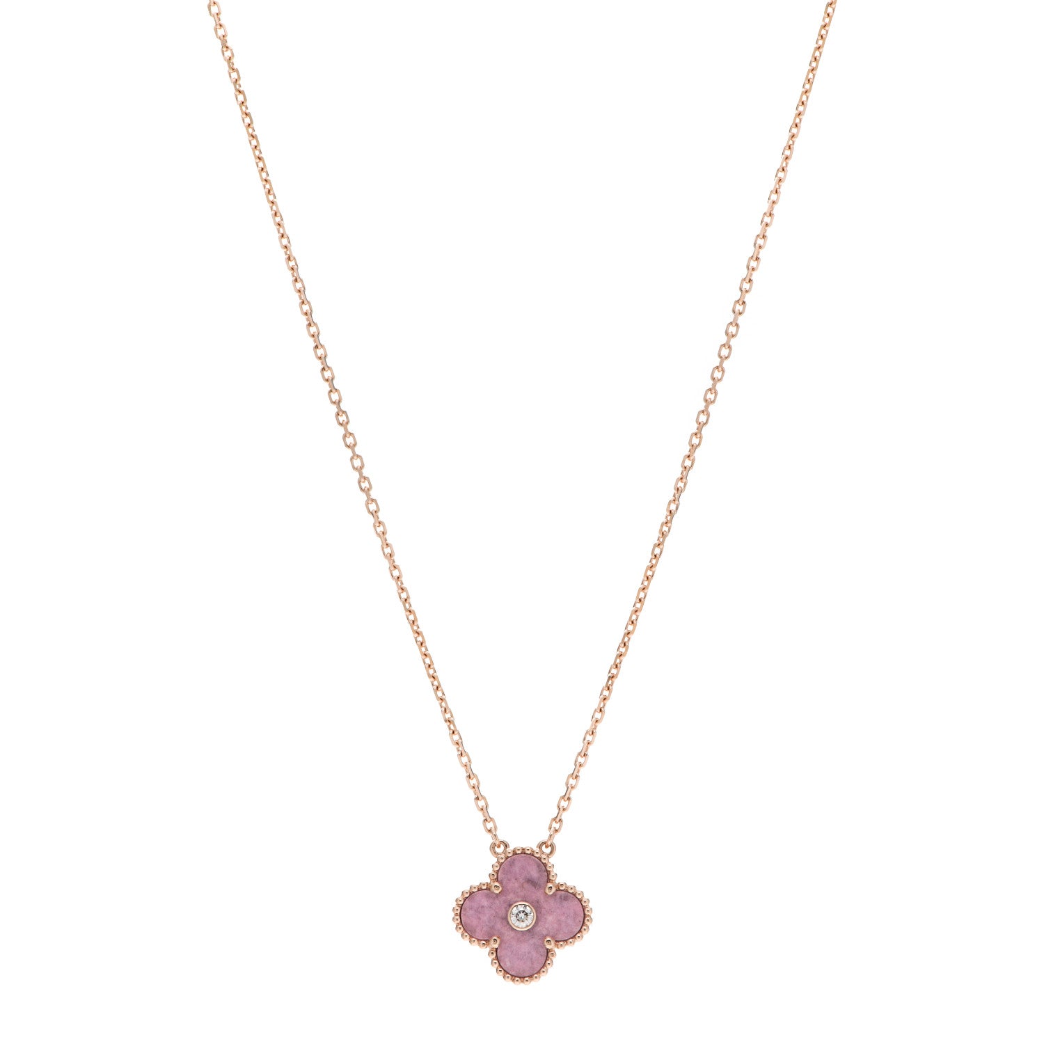 Van Cleef & Arpels 18K Rose Gold Diamond Rhodonite Vintage Alhambra Pendant Necklace 1 of 6