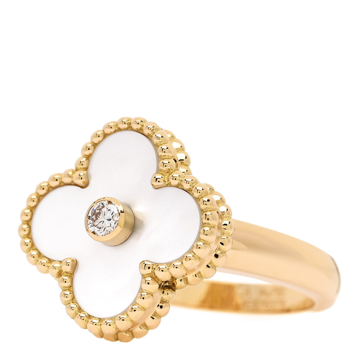 18K Yellow Gold Diamond Mother of Pearl Vintage Alhambra Ring 50 5.25
