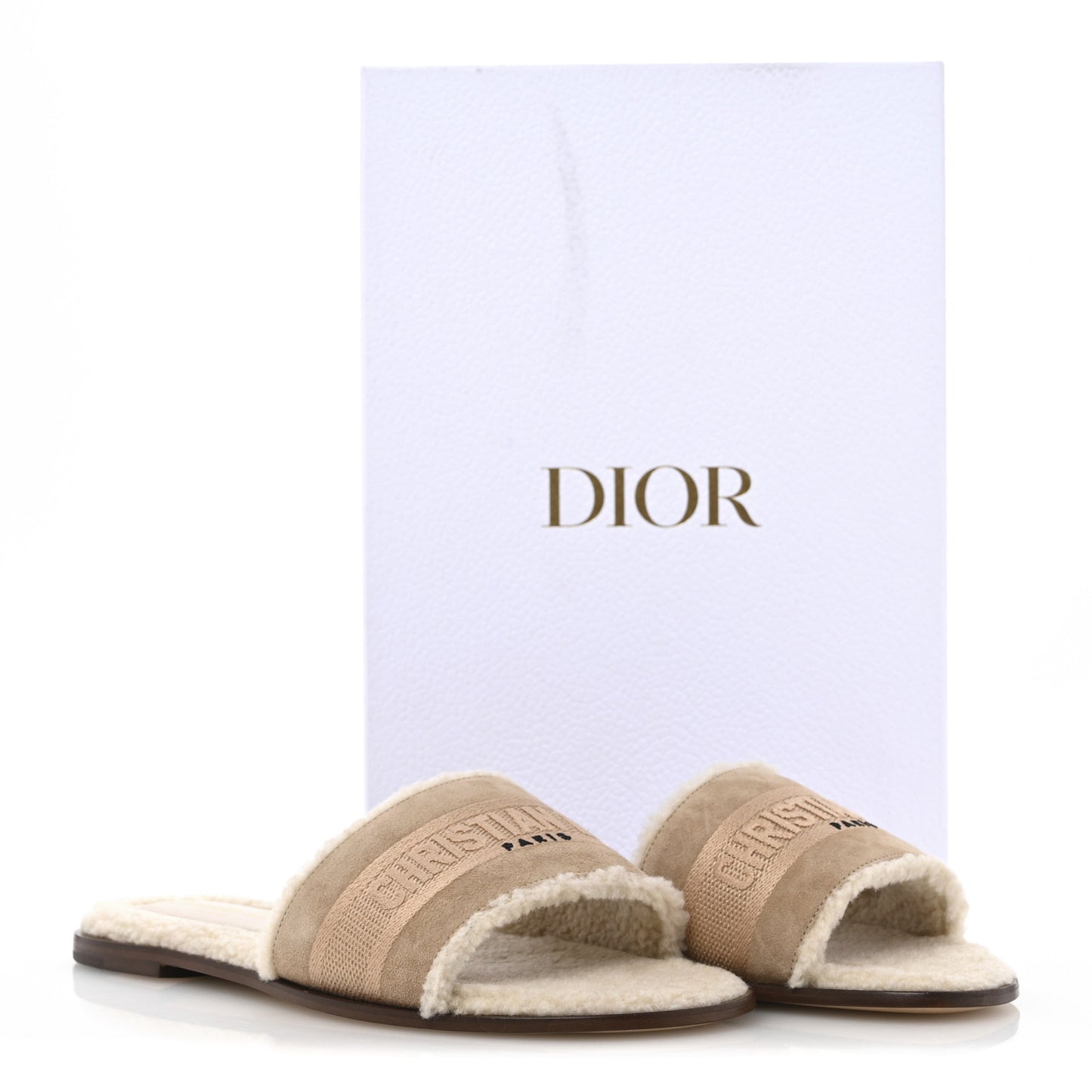 Suede Goatskin Shearling Embroidered Dway Slide Sandals 38 Cookie