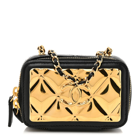 Lambskin Quilted Mini Golden Plate Clutch With Chain Black