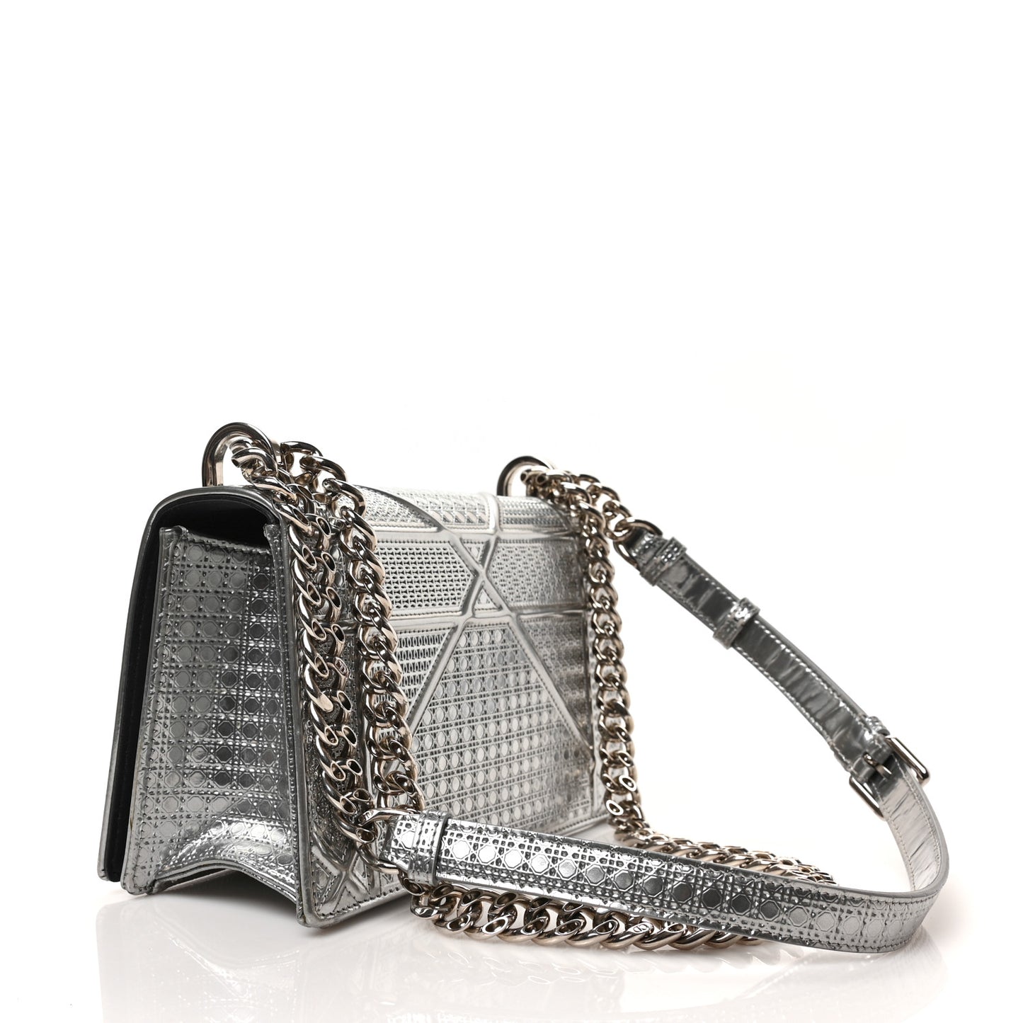 Metallic Patent Micro-Cannage Medium Diorama Flap Bag Silver