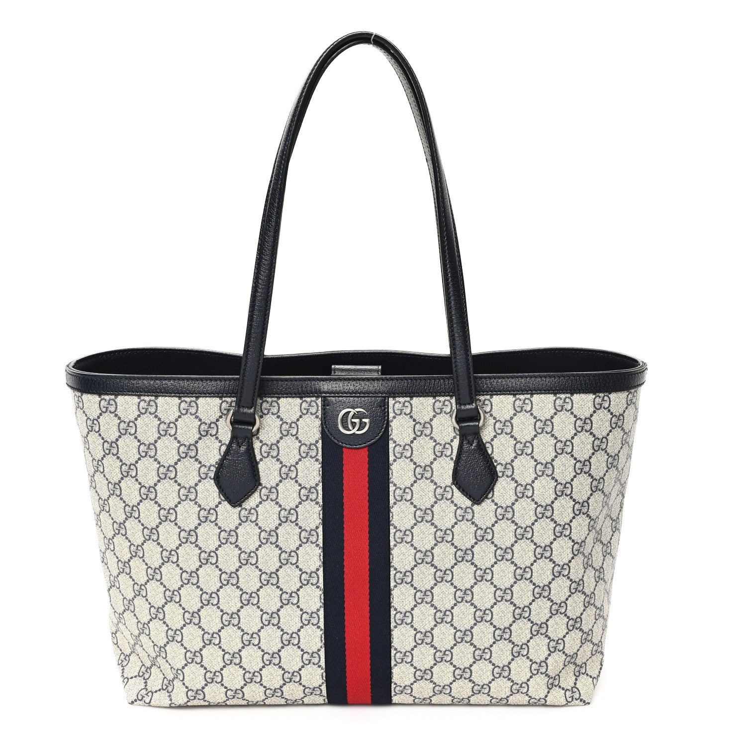 Gucci GG Supreme Monogram Textured Calfskin Web Medium Ophidia Shopping Tote Beige Blue 1 of 9