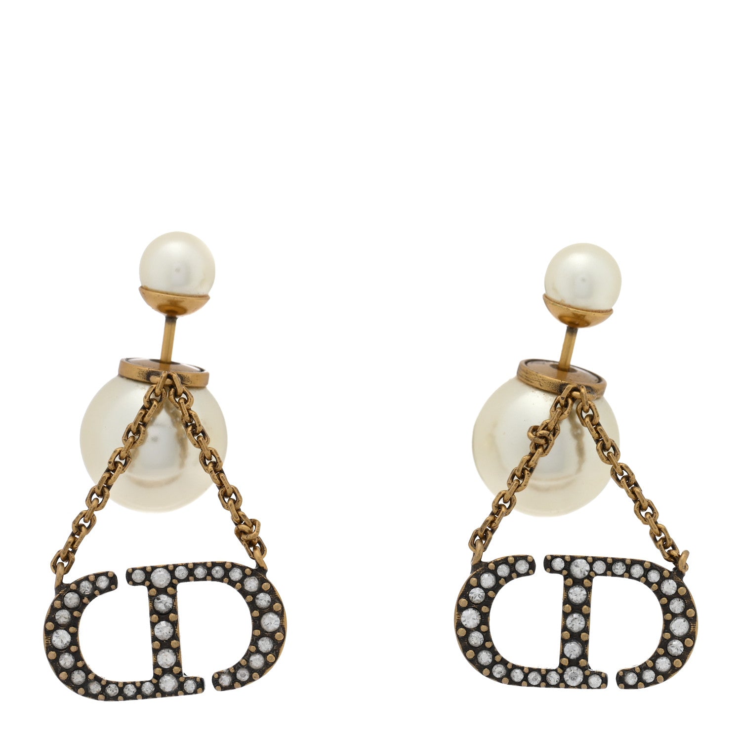 Christian Dior Pearl Crystal Tribal CD Drop Earrings Gold 1 of 4