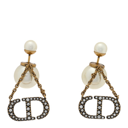 Christian Dior Pearl Crystal Tribal CD Drop Earrings Gold 1 of 4