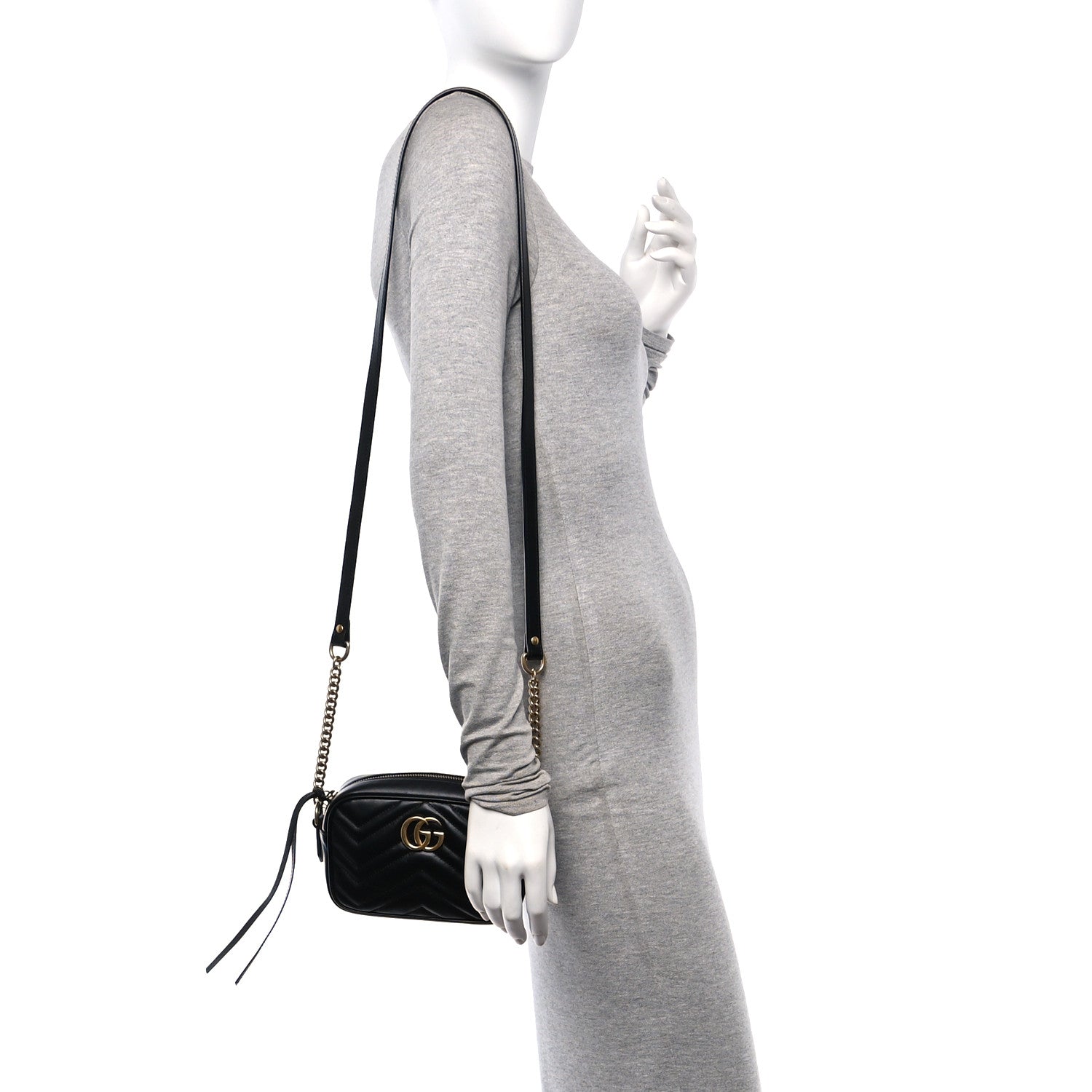 Gucci Calfskin Matelasse Mini GG Marmont Chain Shoulder Bag Black 2 of 11