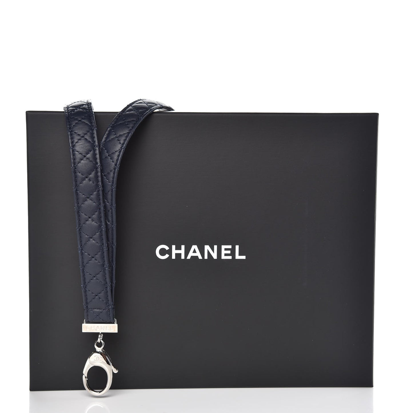 Lambskin Quilted Lanyard Key Holder Necklace Navy
