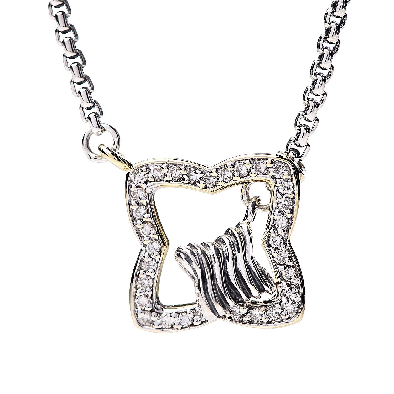 David Yurman Sterling Silver 18K Yellow Gold Diamond Quatrefoil Pendant Necklace 4 of 6