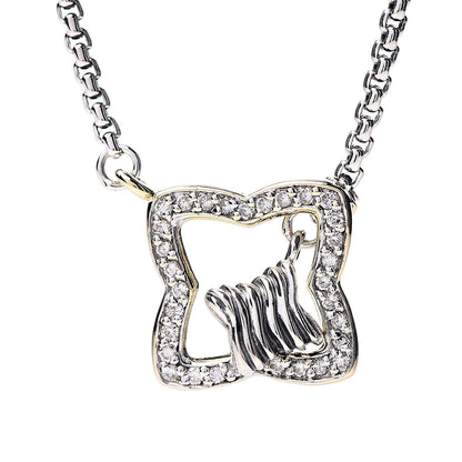 David Yurman Sterling Silver 18K Yellow Gold Diamond Quatrefoil Pendant Necklace 4 of 6