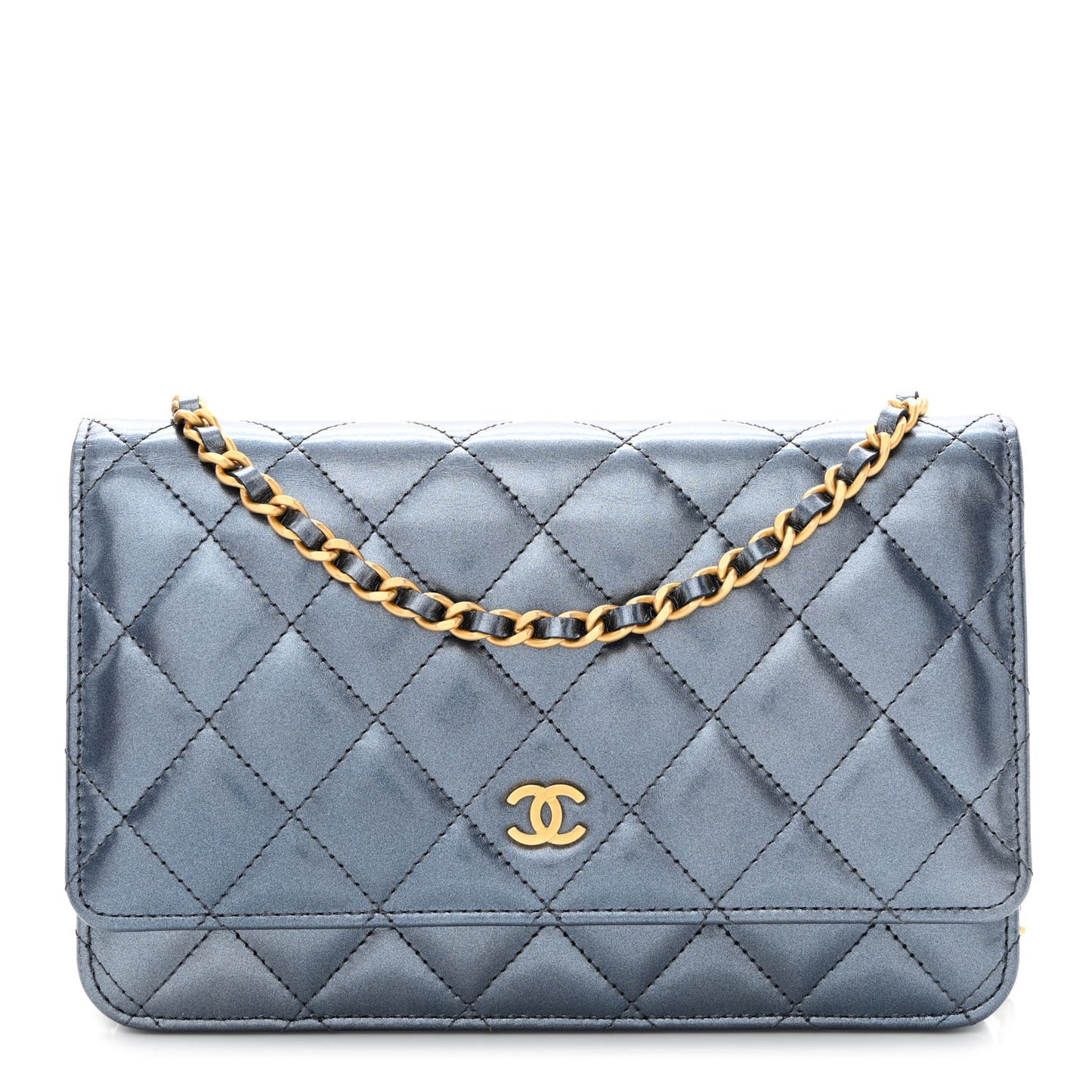 Metallic Lambskin Wallet On Chain WOC Dark Blue