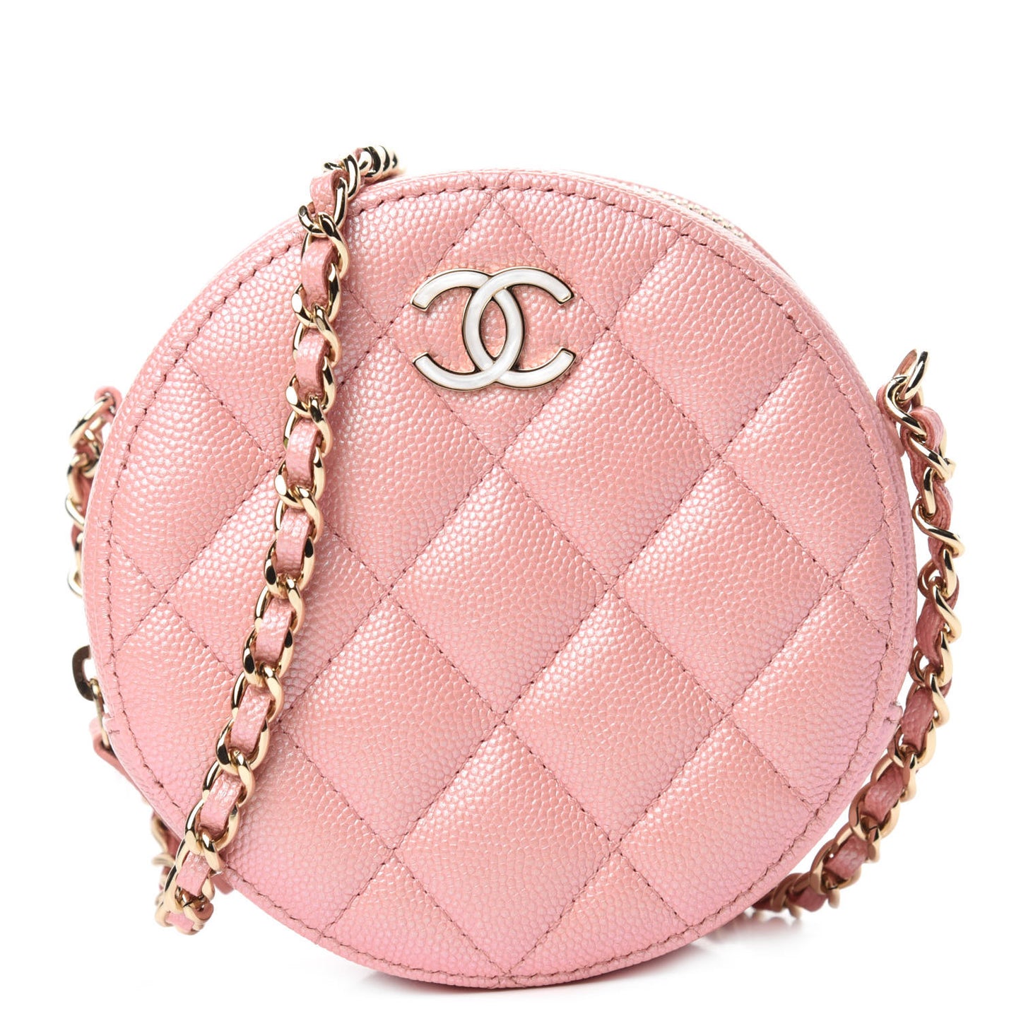 Iridescent Caviar Resin Quilted Round Clutch With Chain Pink