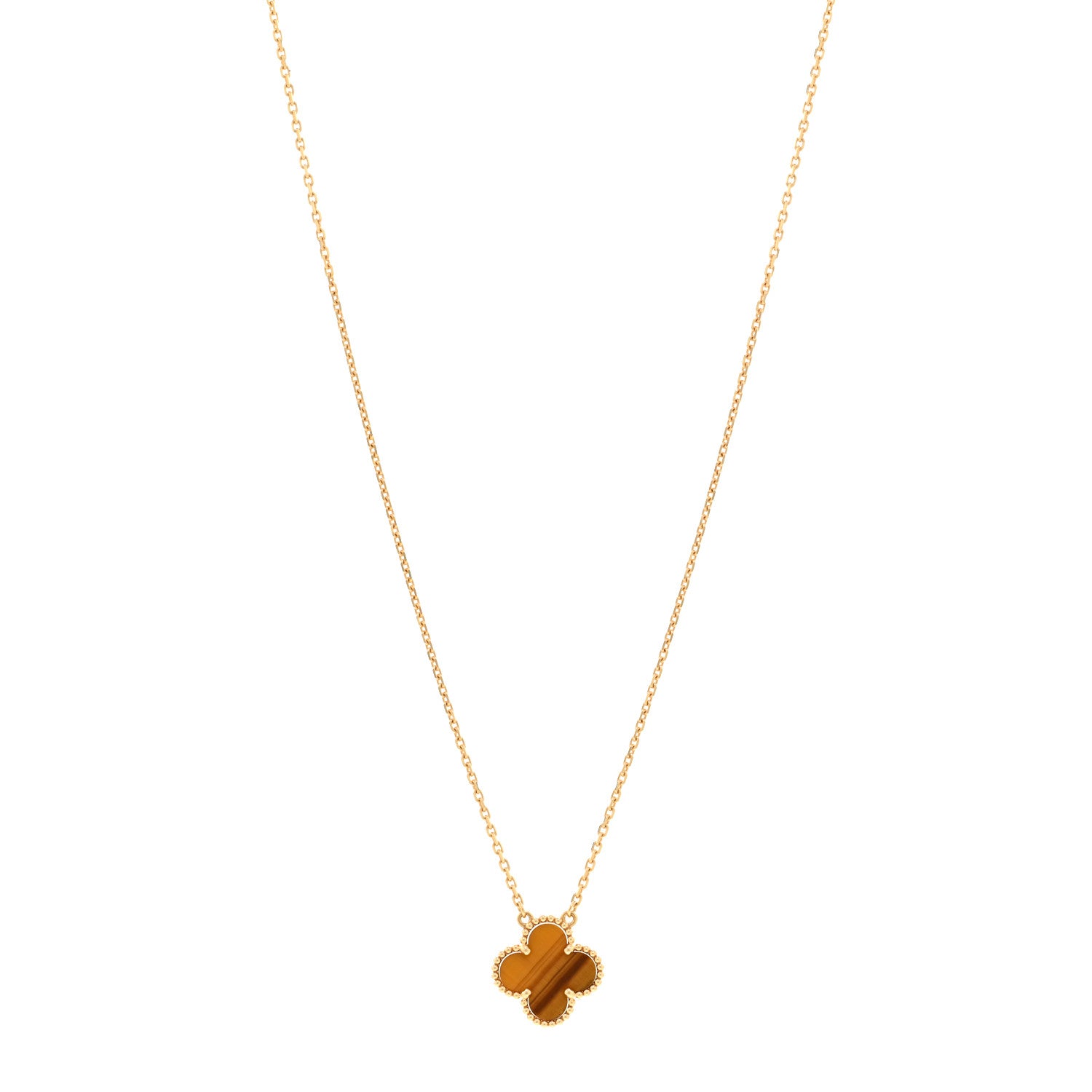 Van Cleef & Arpels 18K Yellow Gold Tiger Eye Vintage Alhambra Pendant Necklace 1 of 5