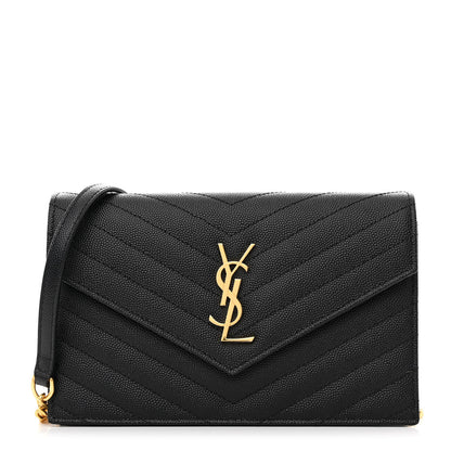 Saint Laurent Grain De Poudre Matelasse Chevron Monogram Envelope Chain Wallet Black 1 of 12