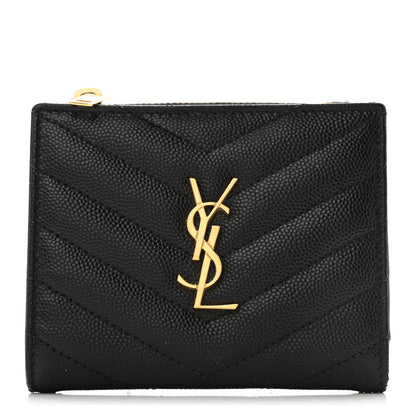 Saint Laurent Grain De Poudre Matelasse Chevron Monogram Zipped Card Case Black 1 of 10