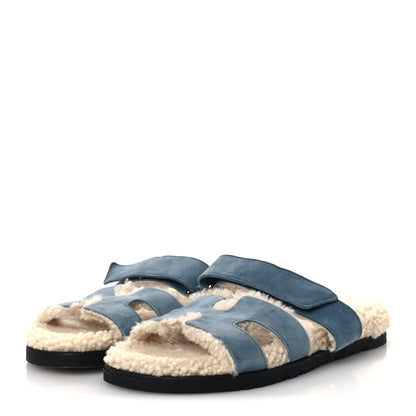 Hermes Suede Goatskin Woolskin Womens Chypre Sandals 38 Bleu Pinede Ecru 4 of 11