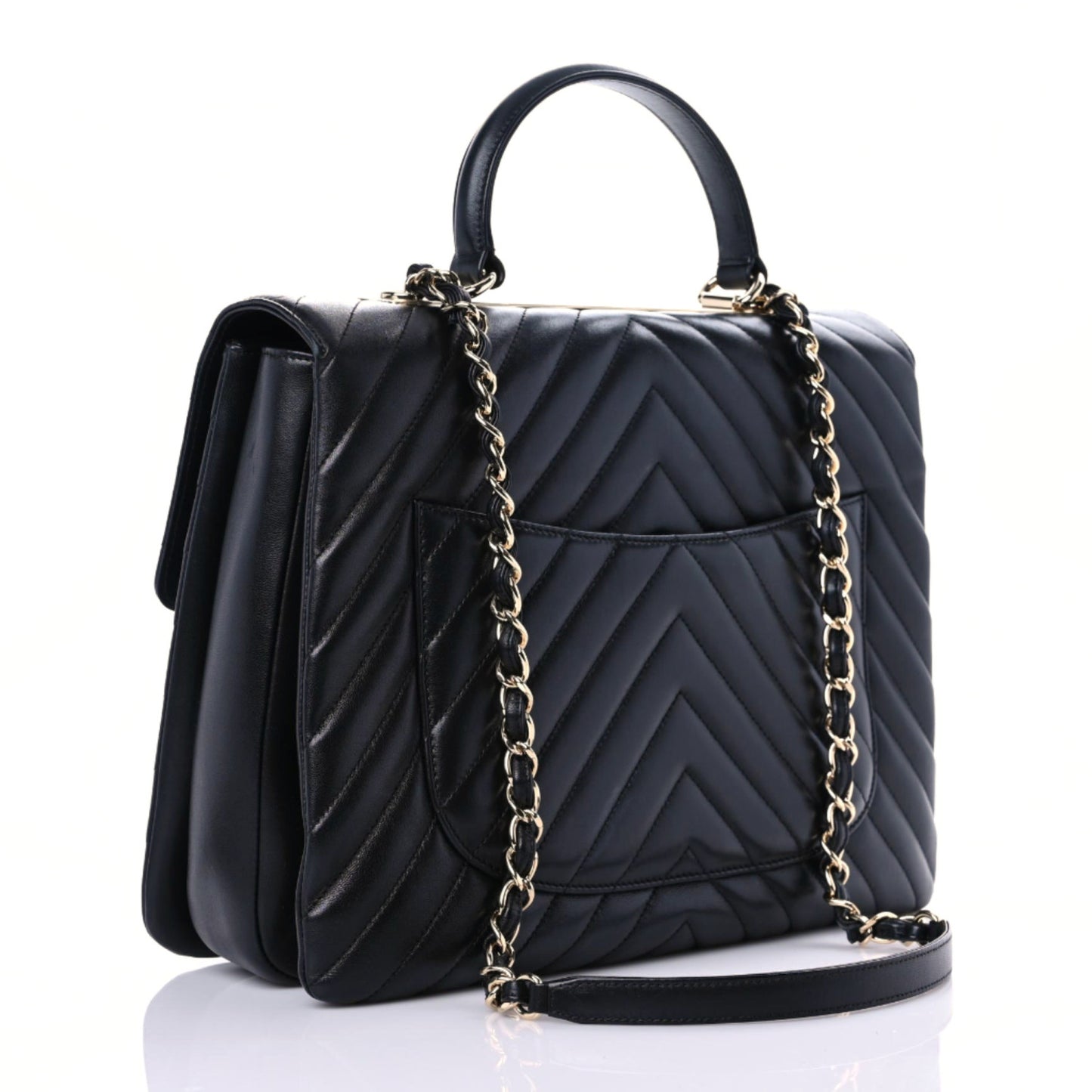 Lambskin Chevron Quilted Large Trendy CC Dual Handle Flap Bag Black