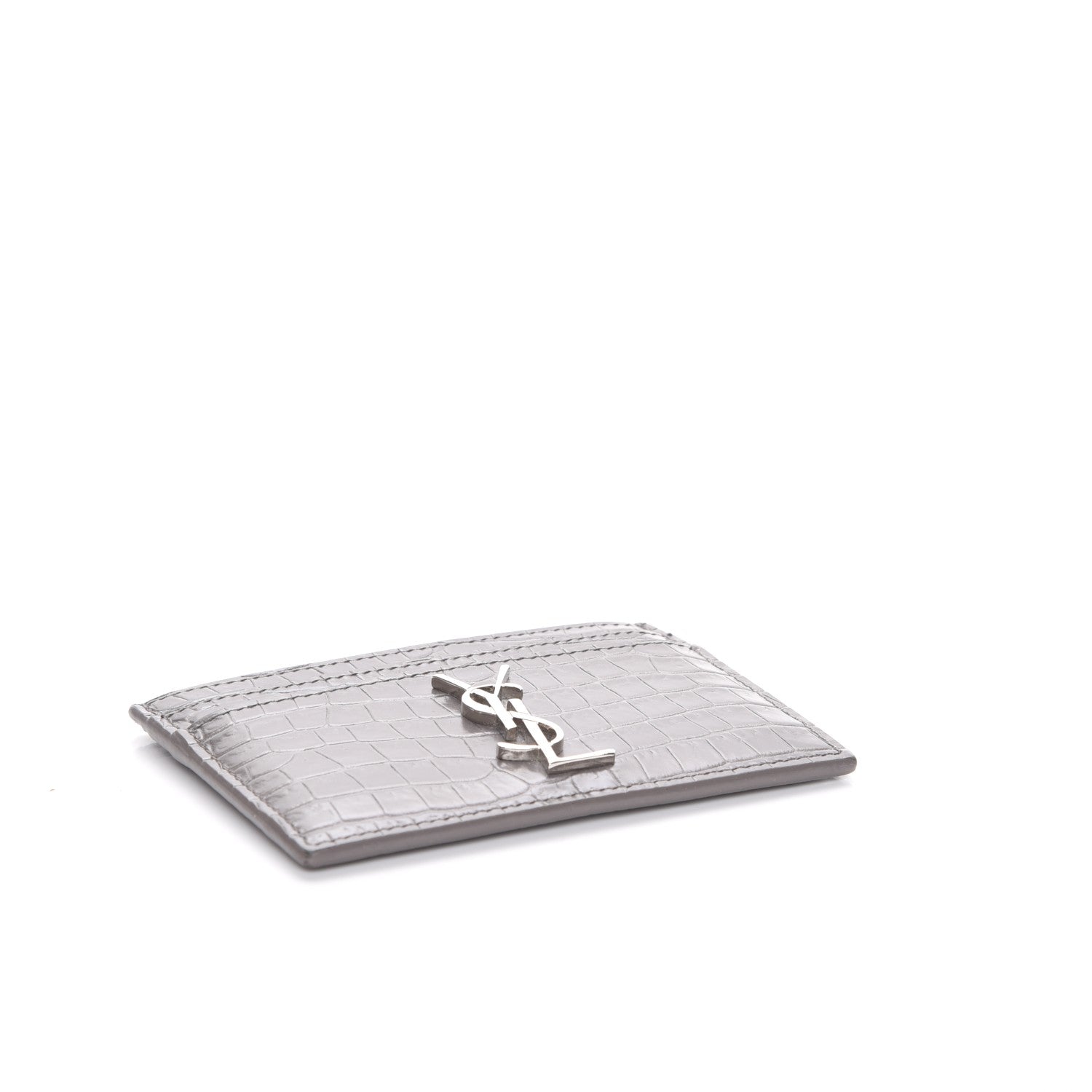 Saint Laurent Calfskin Crocodile Embossed Monogram Card Case Fog 4 of 8