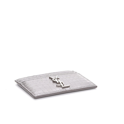 Saint Laurent Calfskin Crocodile Embossed Monogram Card Case Fog 4 of 8