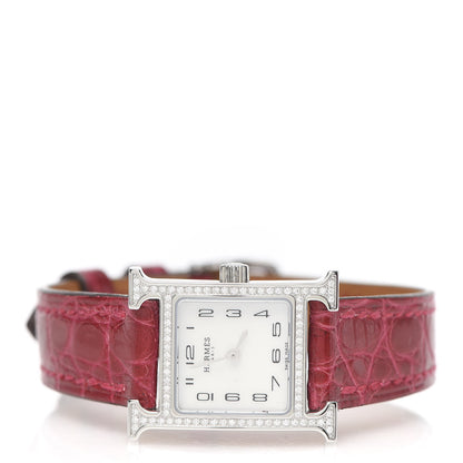 Hermes Stainless Steel Alligator Diamond Bezel Mother of Pearl 17.2mm Heure H Hour Quartz Watch Braise 3 of 7
