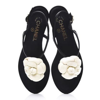 Chanel Patent Camellia Thong Sandals 36 Black White 5 of 12