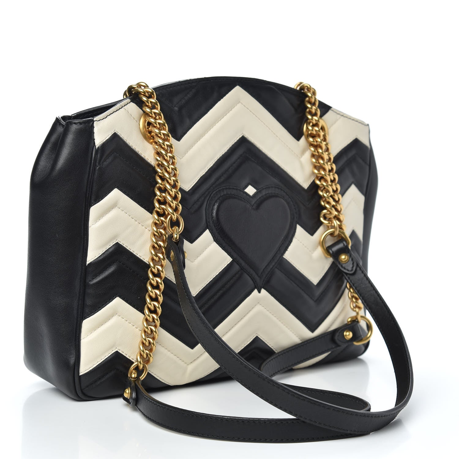 Gucci Calfskin Matelasse Medium GG Marmont Open Top Shoulder Bag Black White 3 of 12