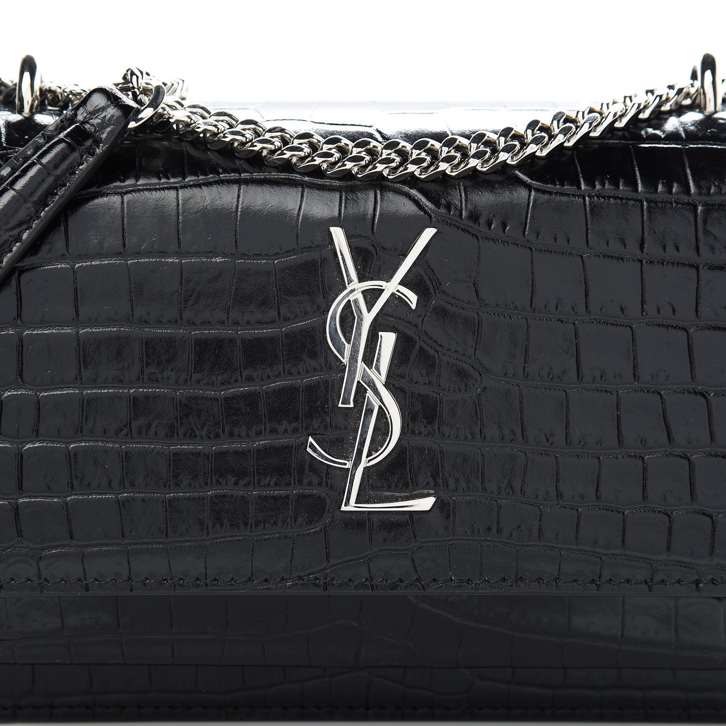 Calfskin Crocodile Embossed Monogram Sunset Chain Wallet Black