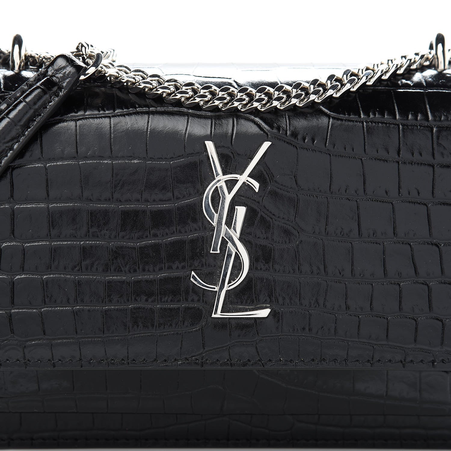 Saint Laurent Calfskin Crocodile Embossed Monogram Sunset Chain Wallet Black 8 of 10