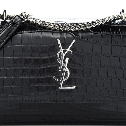 Saint Laurent Calfskin Crocodile Embossed Monogram Sunset Chain Wallet Black 8 of 10