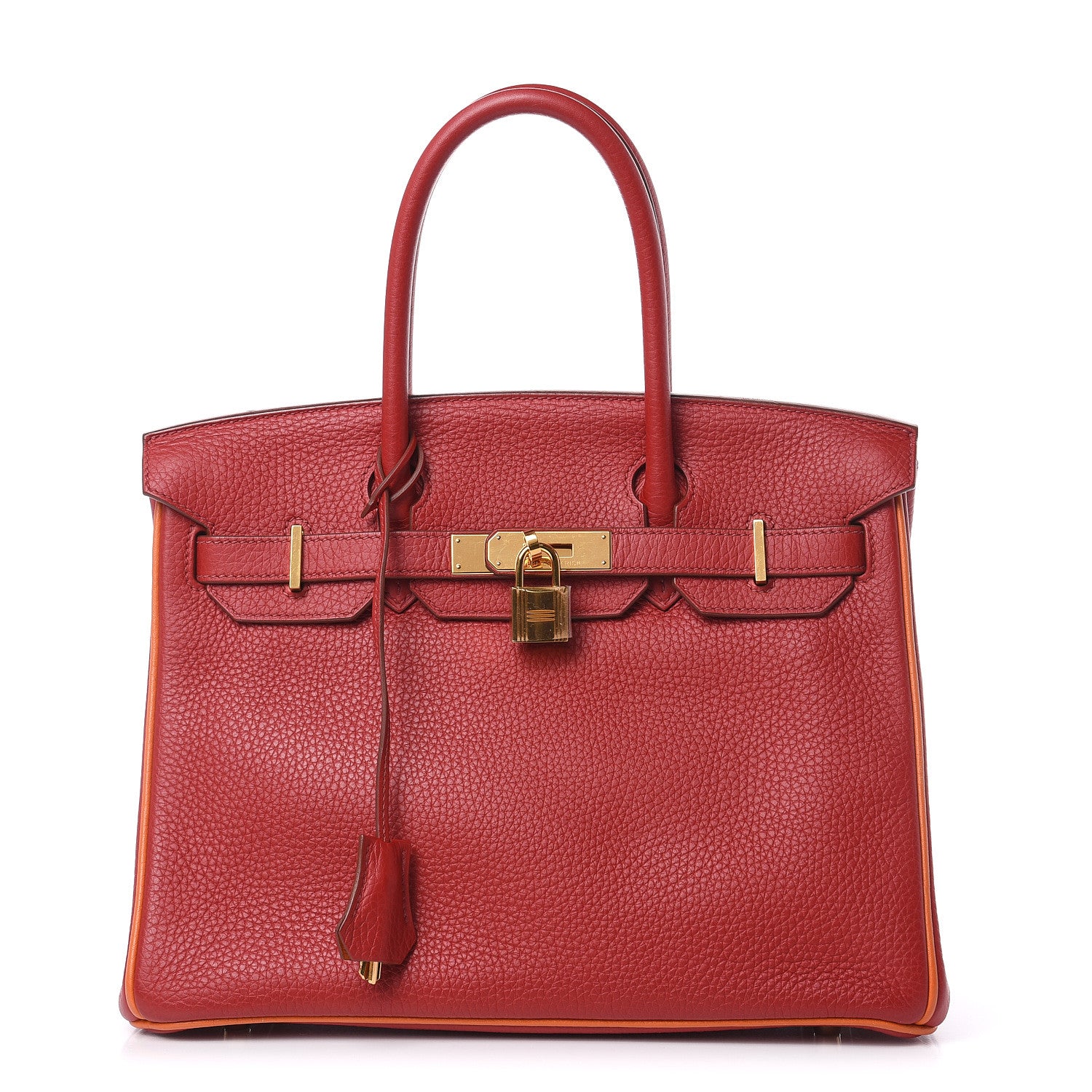 Hermes Taurillon Clemence Horseshoe Bi-Color Birkin 30 Rouge Garance and Orange 1 of 28
