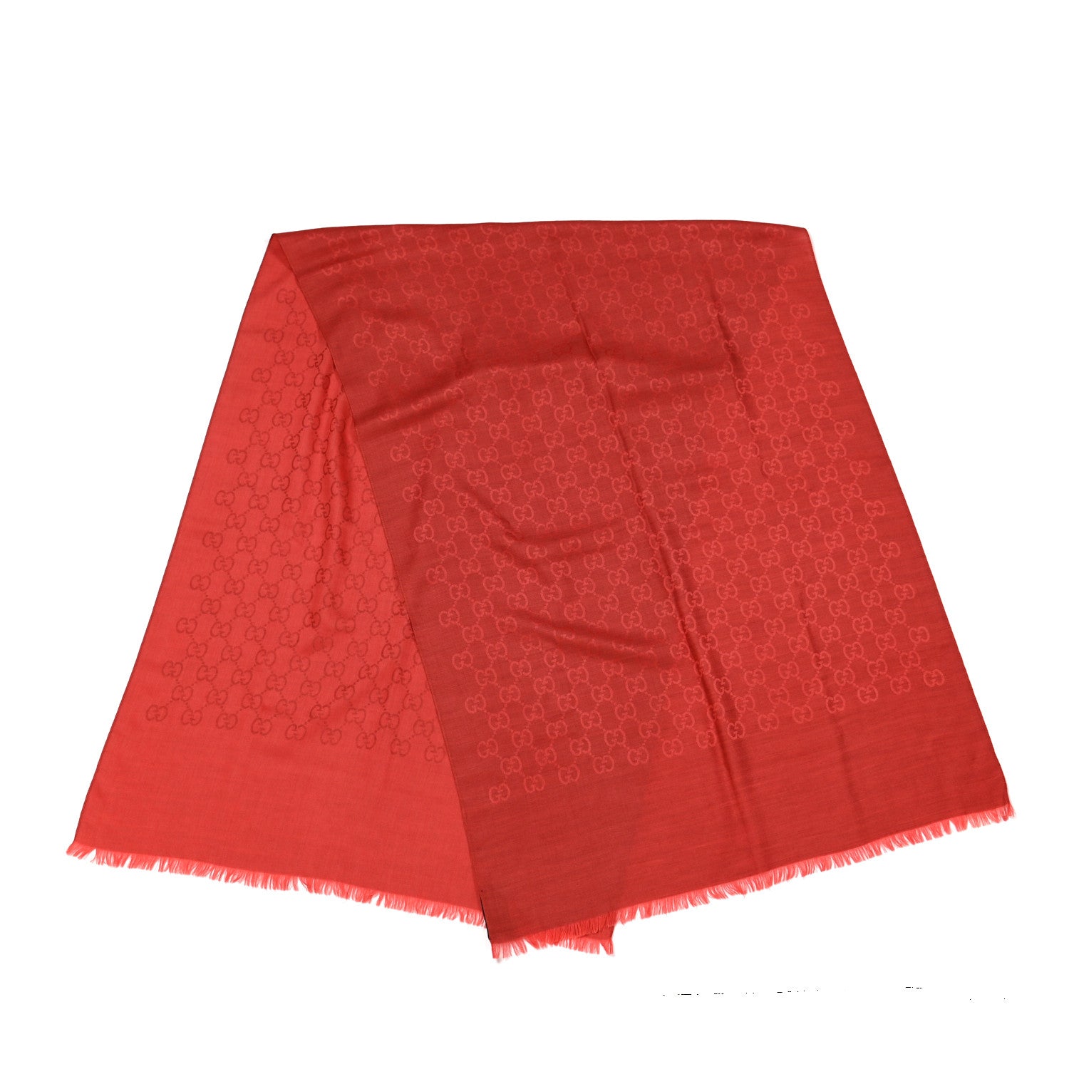 Gucci Wool Silk Fringe Monogram Shawl Scarf Red 2 of 3