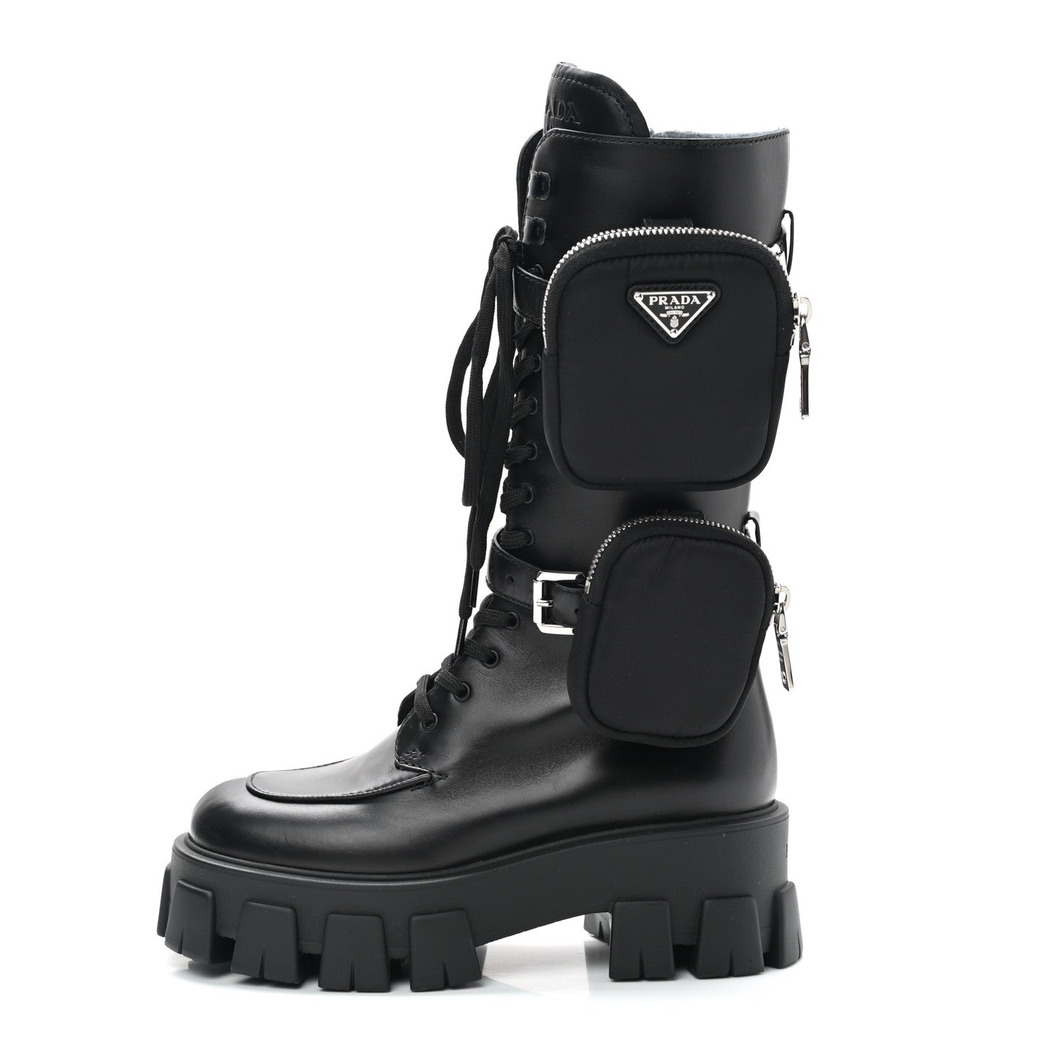 Prada Vitello Lux Nylon Metal Triangle Logo Monolith Pouch Pocket 55mm Tall Combat Boots 36.5 Black 1 of 7