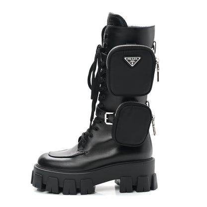 Prada Vitello Lux Nylon Metal Triangle Logo Monolith Pouch Pocket 55mm Tall Combat Boots 36.5 Black 1 of 7