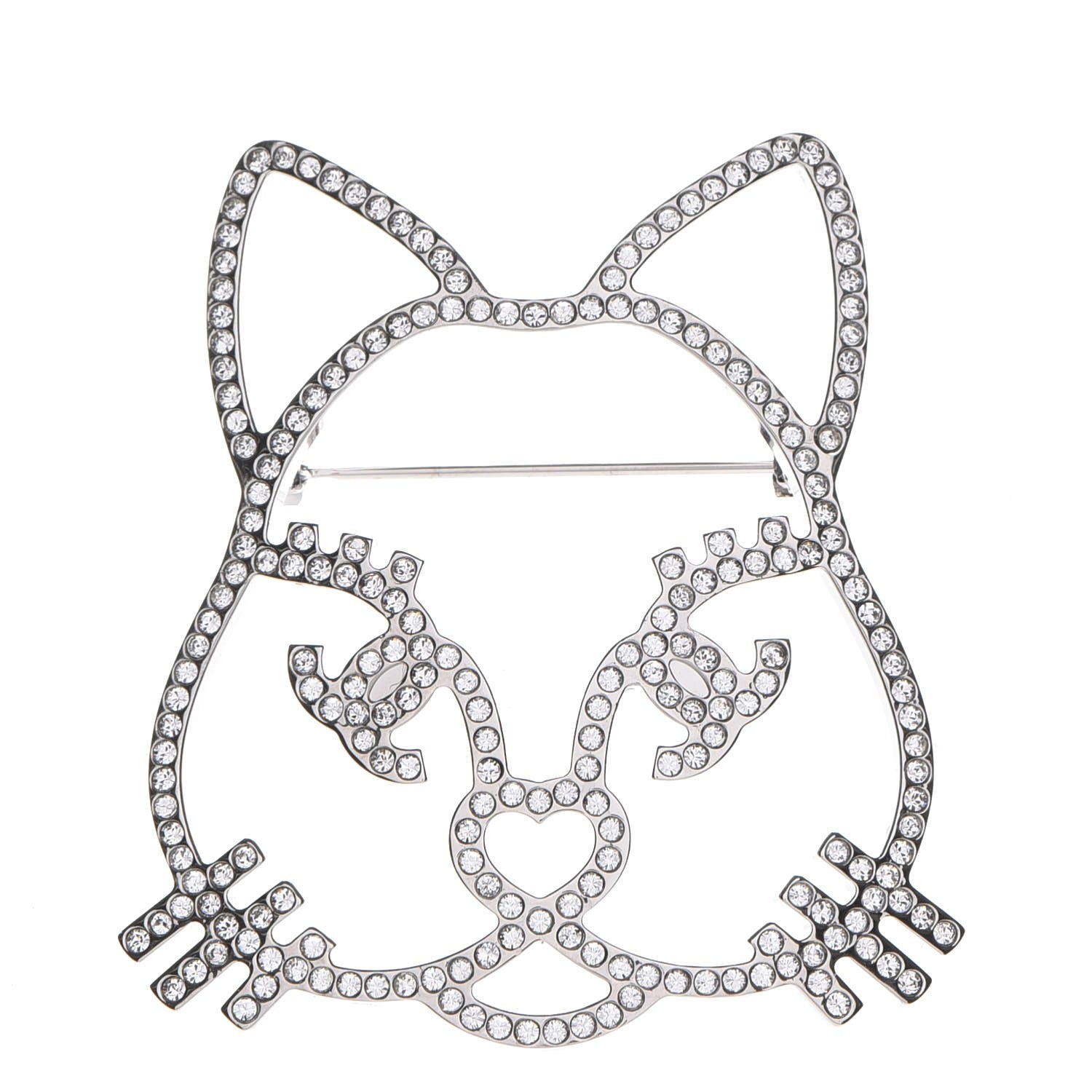 Chanel Strass Crystal Emoji Choupette Cat Brooch Silver 1 of 5
