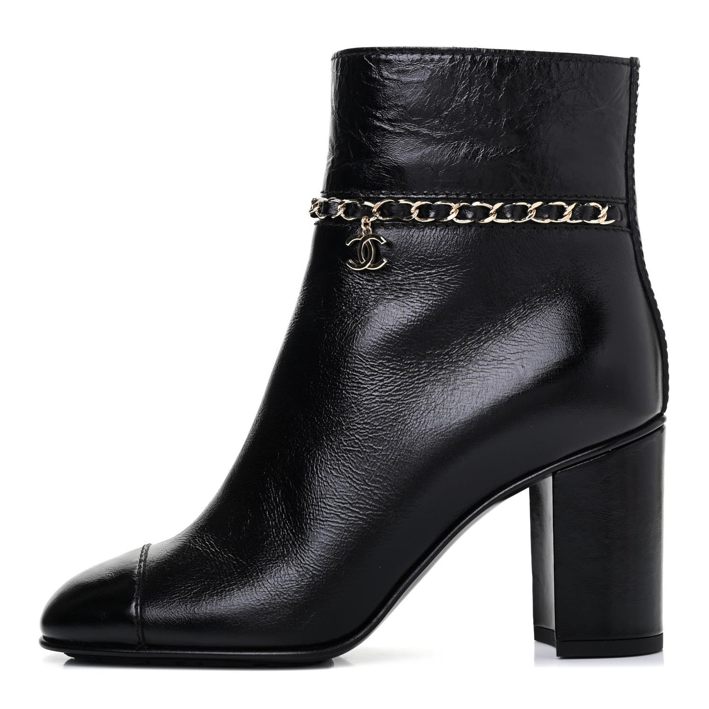Crumpled Calfskin Cap Toe Chain Short Boots 36.5 Black