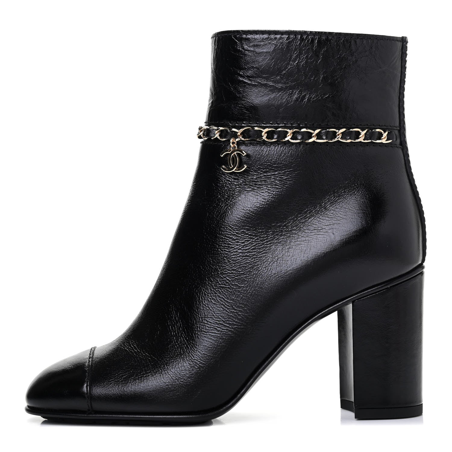 Chanel Crumpled Calfskin Cap Toe Chain Short Boots 36.5 Black 1 of 12
