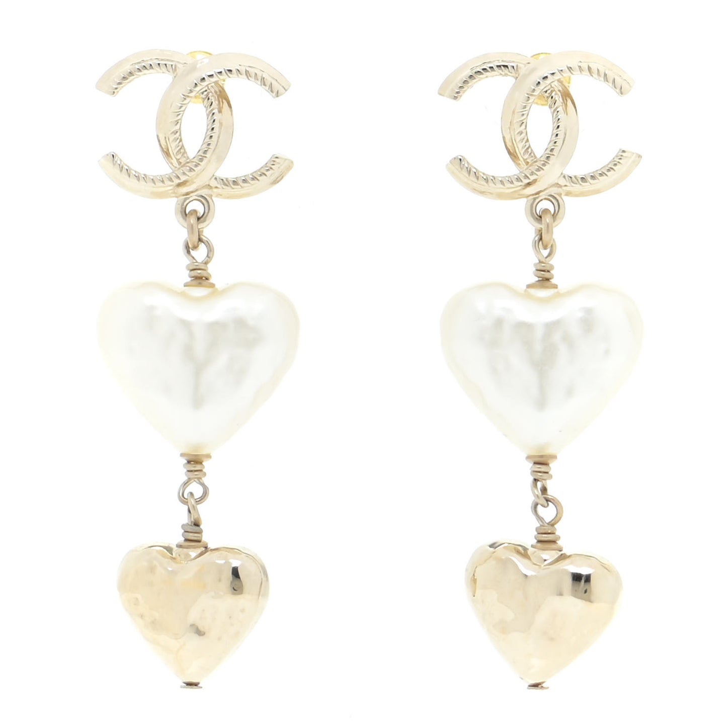 Pearl CC Double Heart Drop Earrings Gold