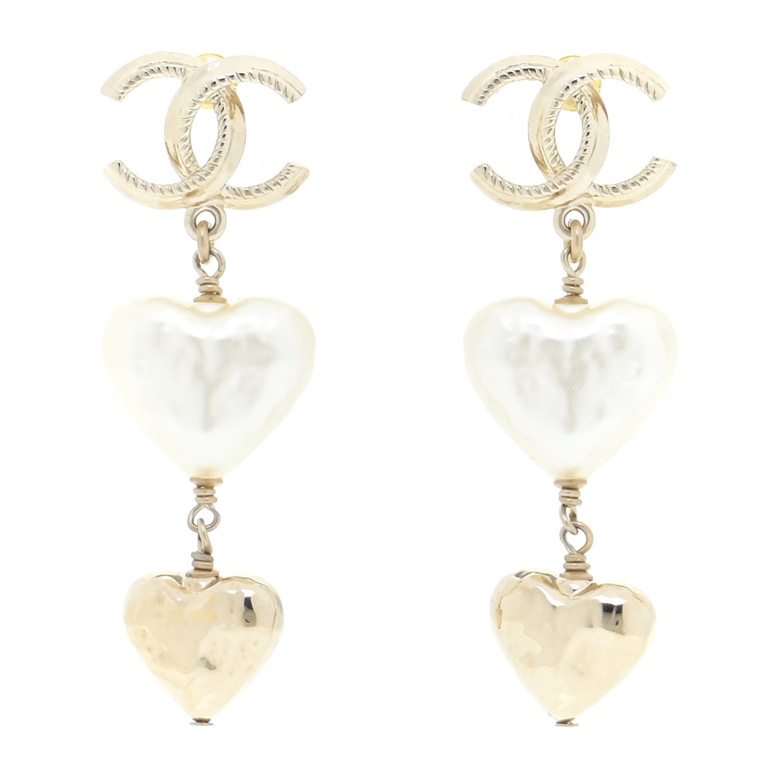 Chanel Pearl CC Double Heart Drop Earrings Gold 1 of 5