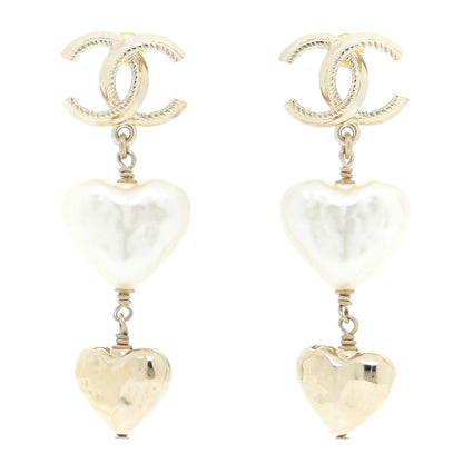 Chanel Pearl CC Double Heart Drop Earrings Gold 1 of 5