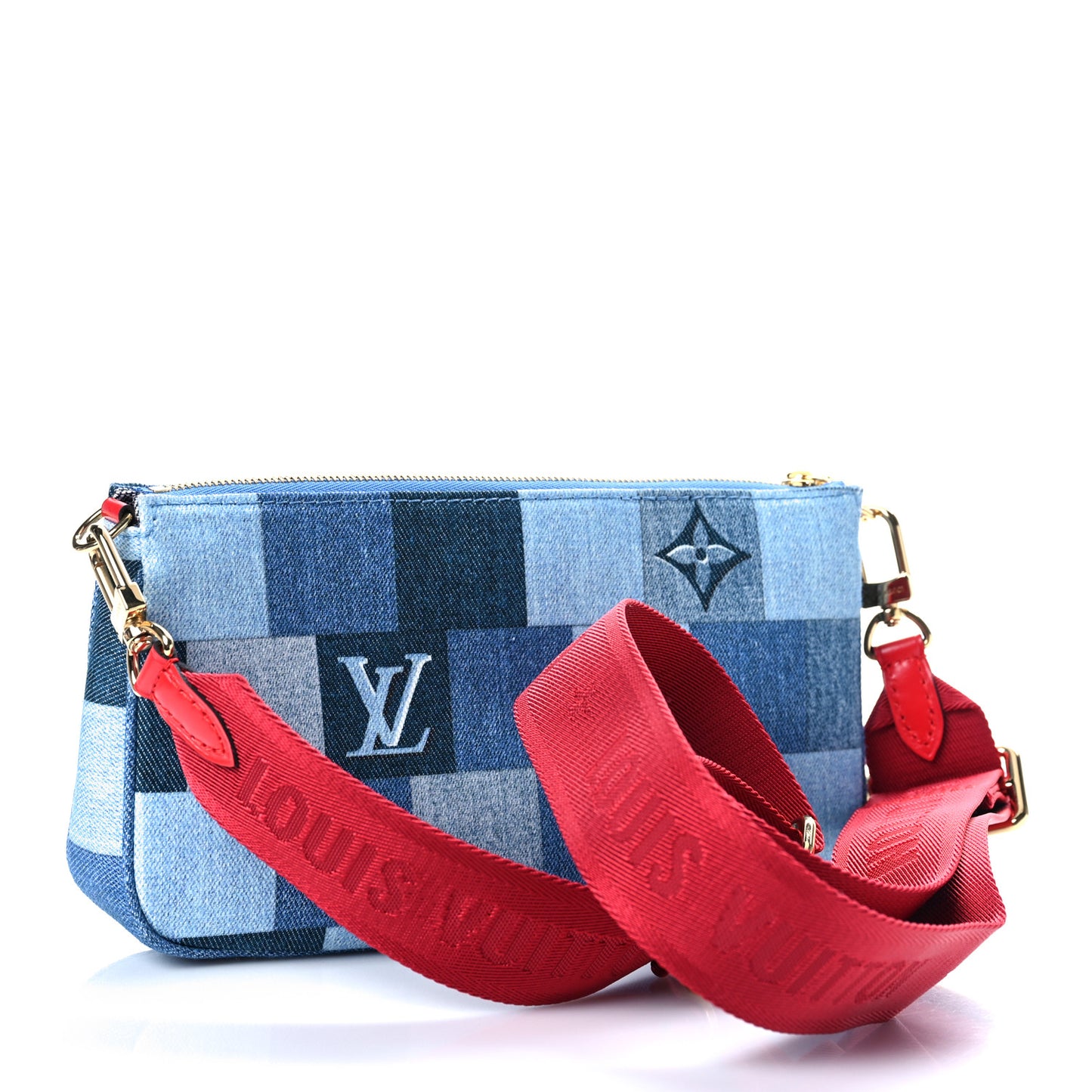 Denim Damier Monogram Patchwork Multi Pochette Accessories Blue Rouge
