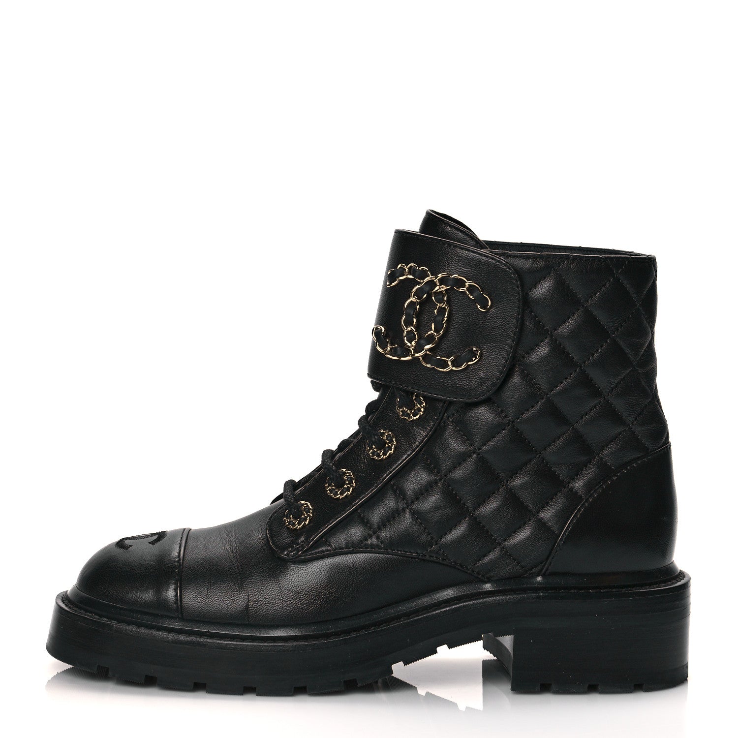 Chanel Shiny Lambskin Quilted Lace Up Combat Boots 36.5 Black 1 of 11