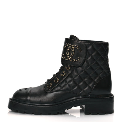 Chanel Shiny Lambskin Quilted Lace Up Combat Boots 36.5 Black 1 of 11