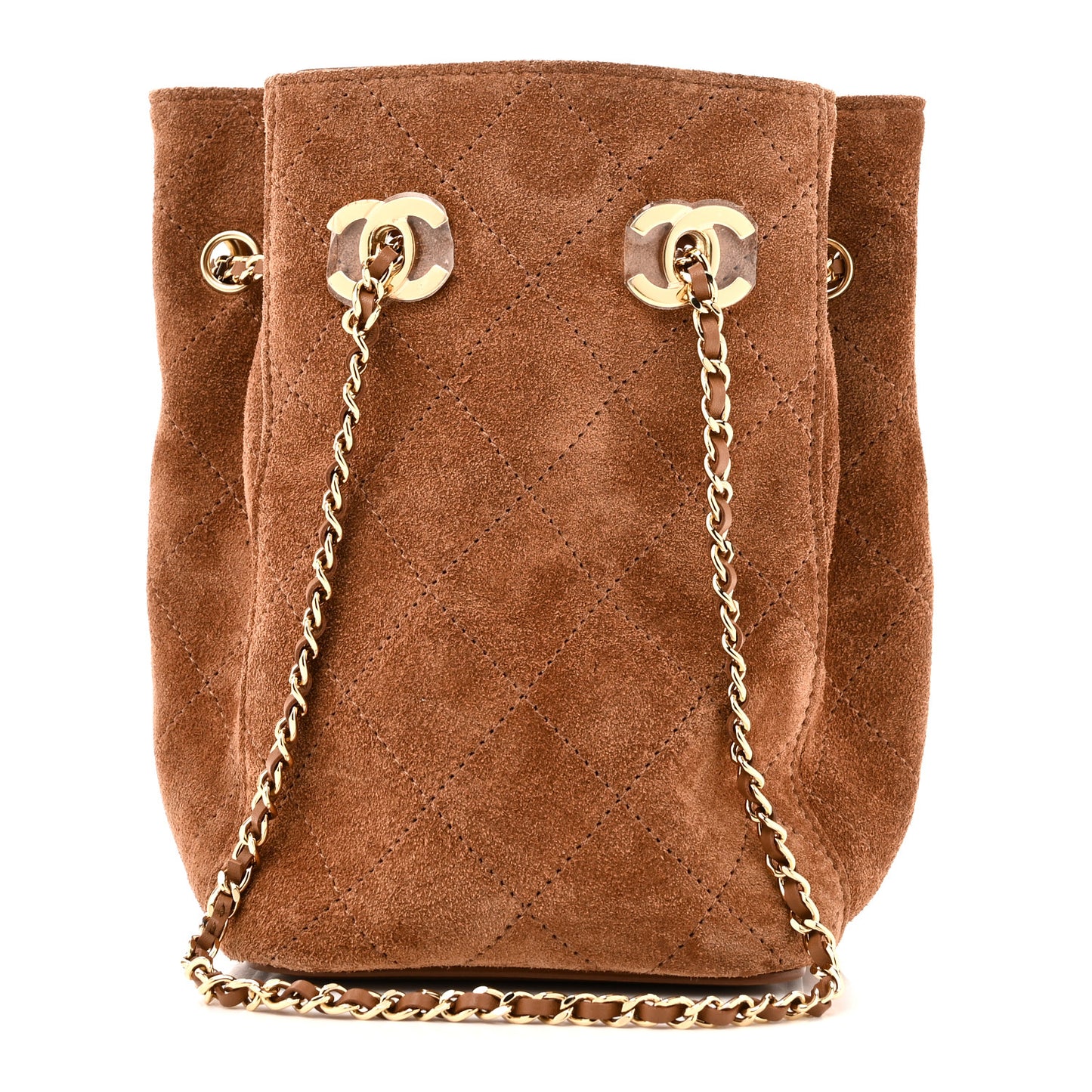 Suede Quilted Bucket Bag With Chain Camel