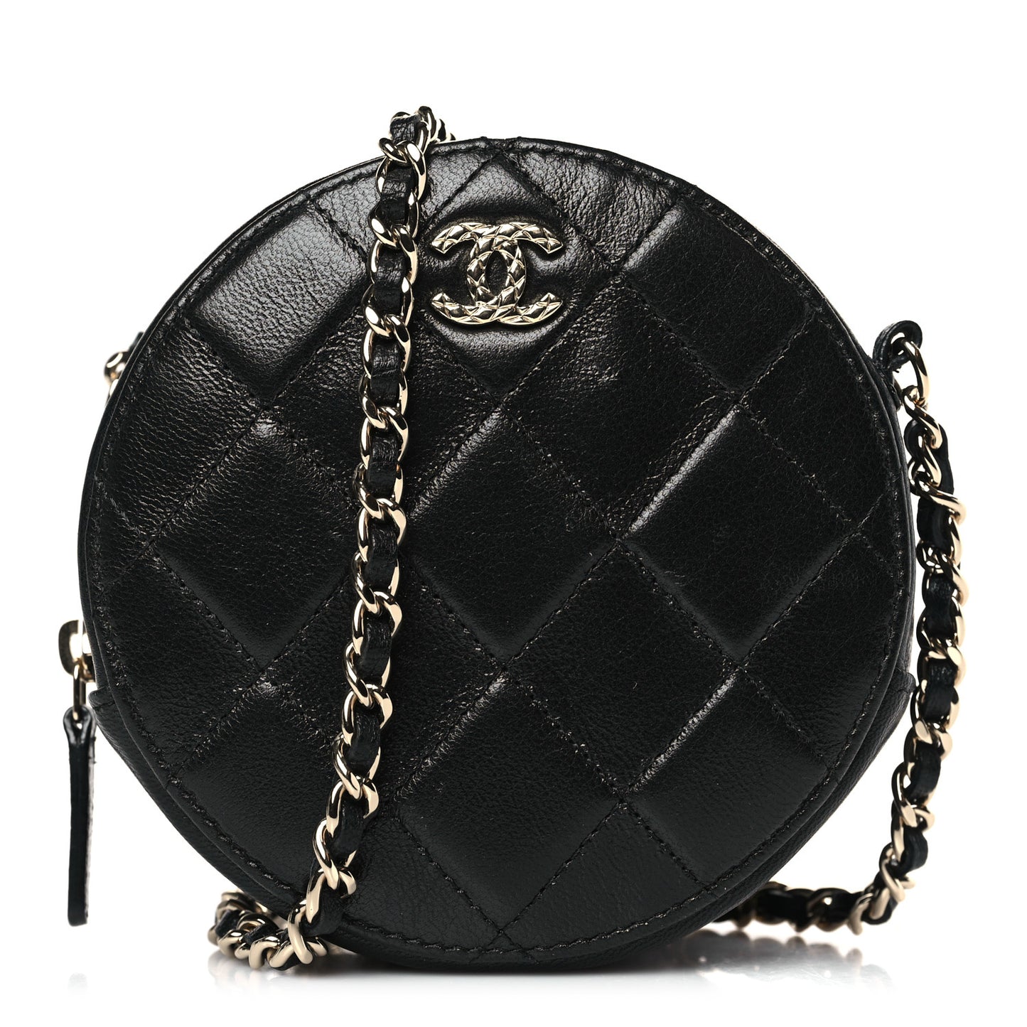 Calfskin Round Clutch With Chain Black