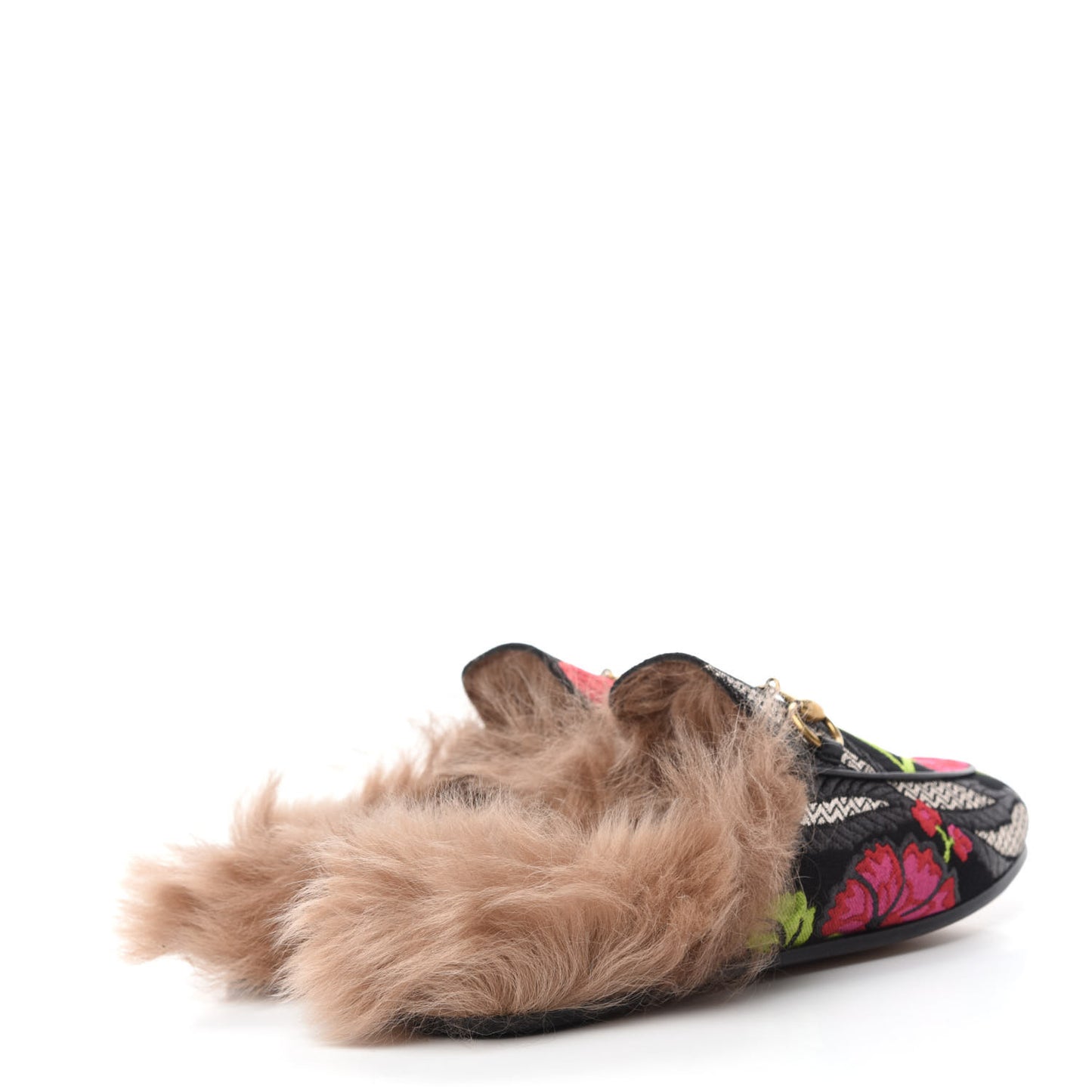 Brocade Fur Floral Womens Princetown Slippers 35.5 Black Anthracite