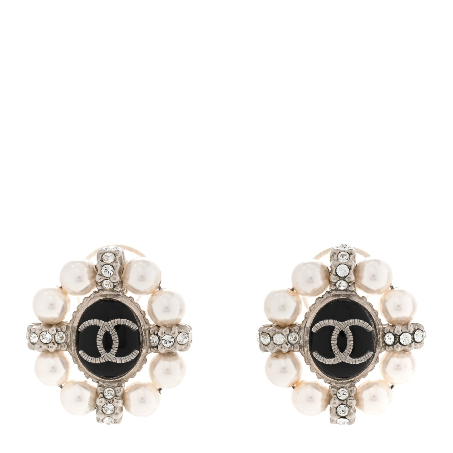 Crystal Pearl CC Clip On Earrings Silver Black