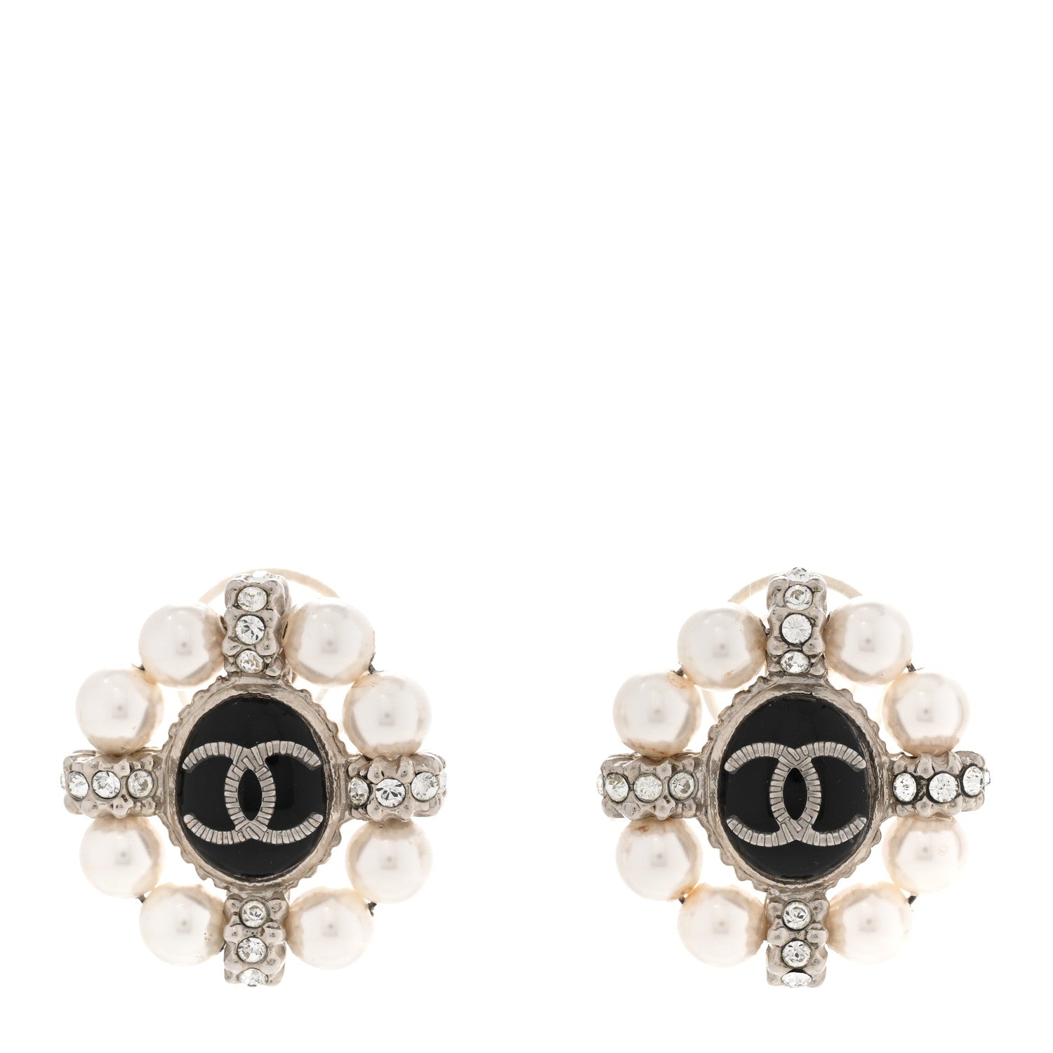 Chanel Crystal Pearl CC Clip On Earrings Silver Black 1 of 6