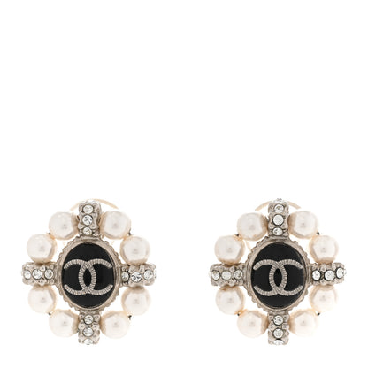 Chanel Crystal Pearl CC Clip On Earrings Silver Black 1 of 6