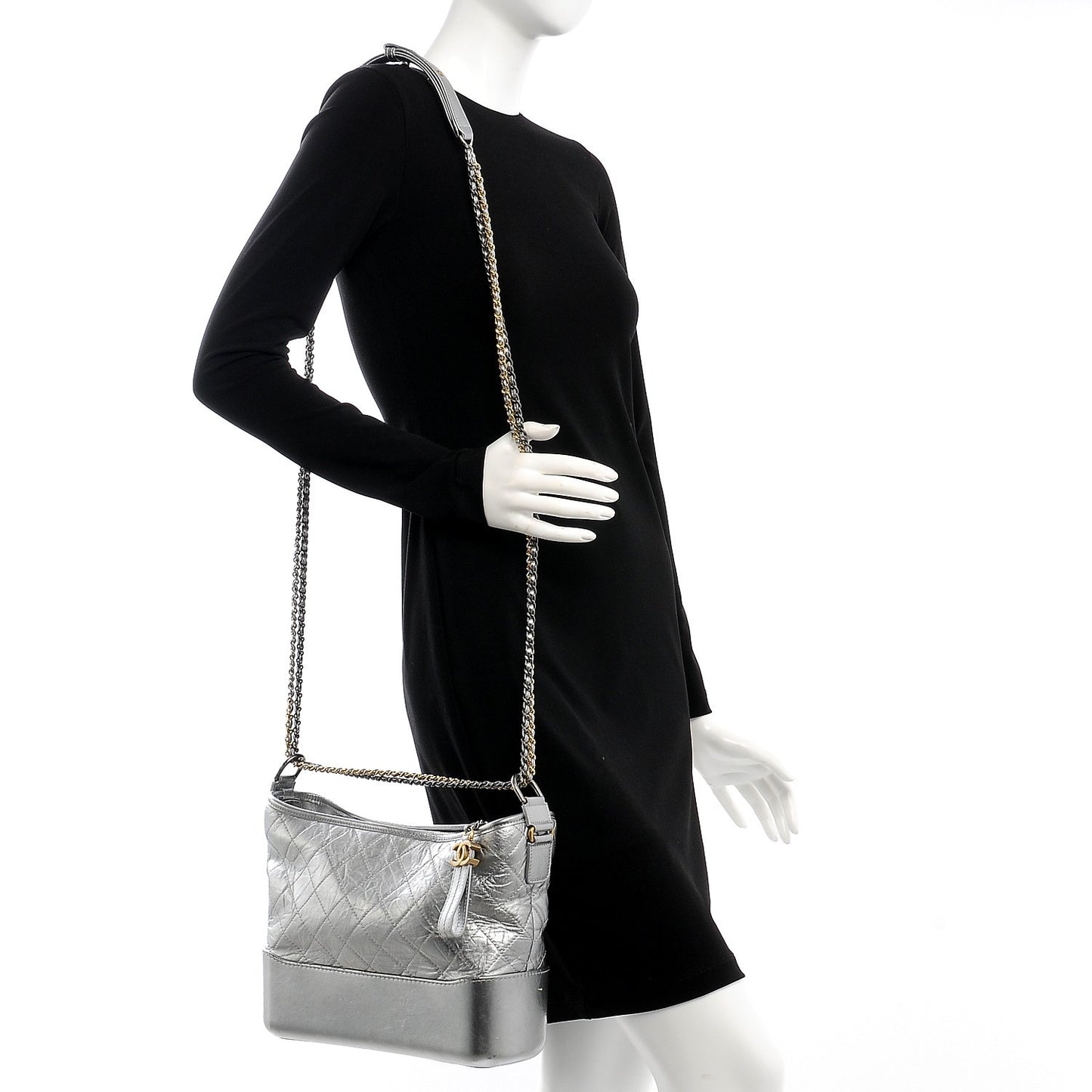 Metallic Aged Calfskin Quilted Medium Gabrielle Silver