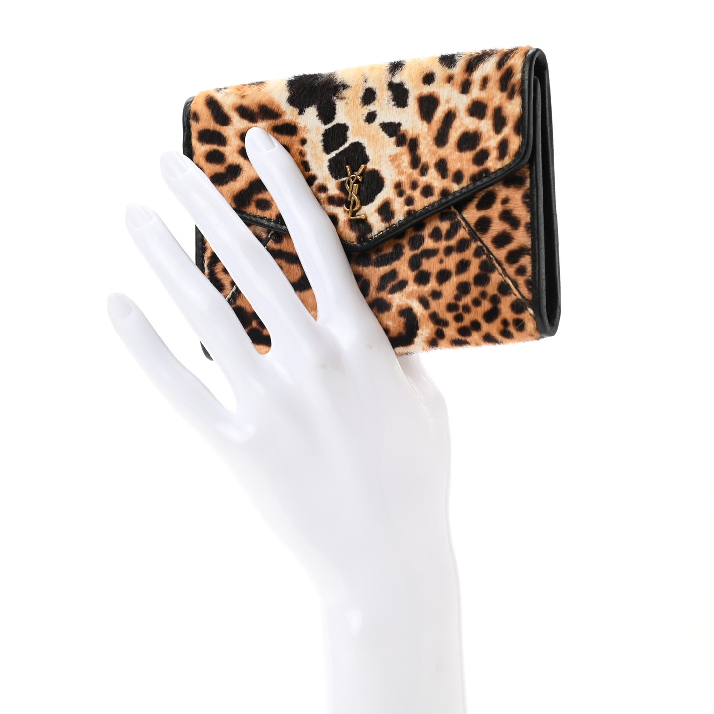 Pony Hair Monogram Leopard Print Card Holder Wallet Black
